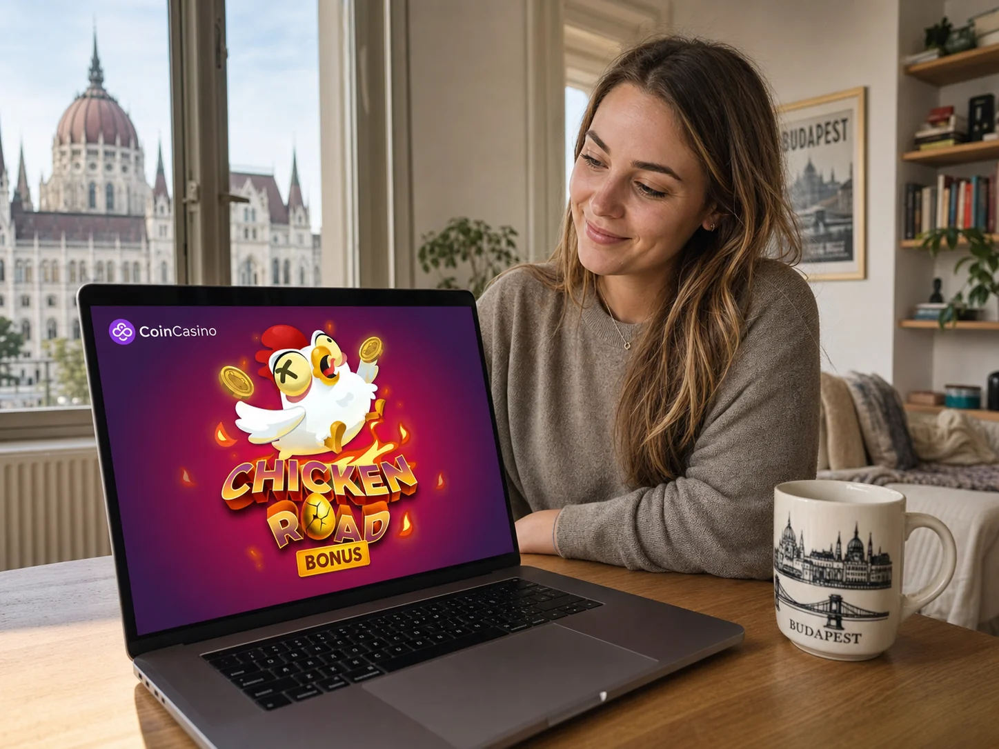 Chicken Road Játék felülete élő szorzógörbével, a csirke aktuális pozíciójával az úton és a kettős tétpanellel